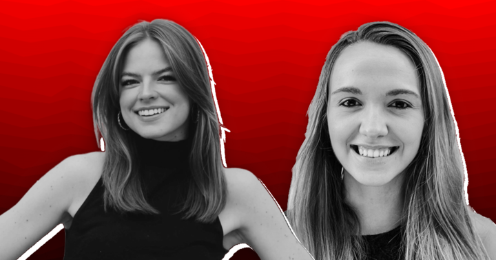 picture of Kinsey Grant and Jenny Rothenberg attached together, co founded Smooth Media, red gradient background
