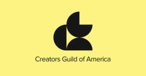 logo of creators guild of america, yellow background and the logo is a combination of semi circular shapes in black, and the text creators guild of america written below