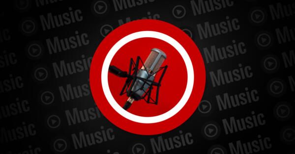 a graphic featuring a red circle at the center with a mic on top of it, and dark background with a pattern of youtube music logo