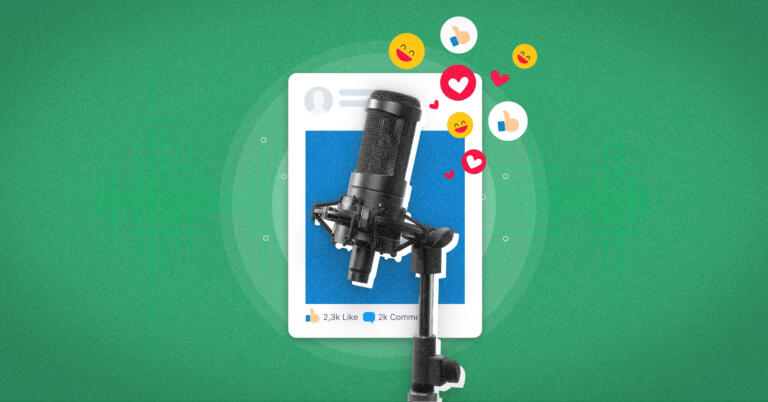 illustration featuring a mic on top of a abstract interface of instagram like social media interface with icons of like, share, and common emotes