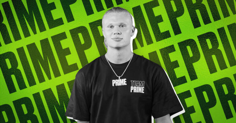 decorative graphic featuring Erling Haaland, with a green background, with the text pattern of "PRIME" on it