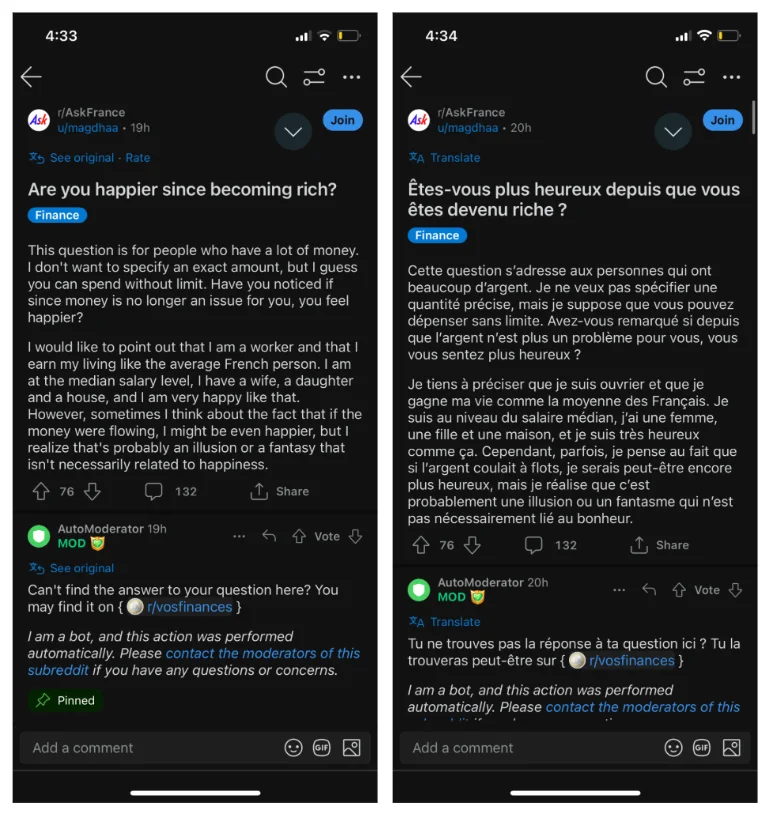 two screenshot of reddit's mobile app interface, side to side, on the left featuring a post in english and on the right translating the same post into french