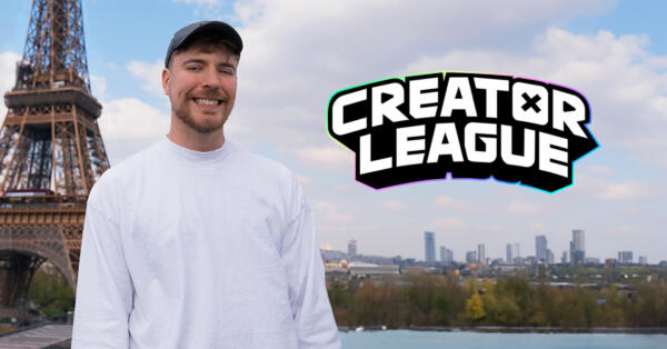 A picture of Mr Beast, with the eiffeltower in the background, and some small buildings and trees situated far away, with the text - creator league written at top right