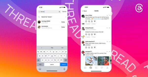 a graphic with instagram themed background of vertical purple-pink-orange gradient, with the word threads written on it in a stylish curvy way and two mobile phone mockups side to side on top, with the threads app interface on it