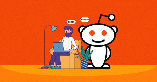 graphic featuring reddit's logo's avatar dummy, and a person with a laptop sitting on sofa besides it, set against a textures orange background